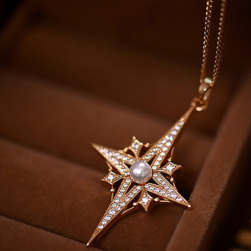 Sweet Commute brillant quatre étoiles à huit branches en acier inoxydable incrusté de Zircon plaqué or pendentif collier