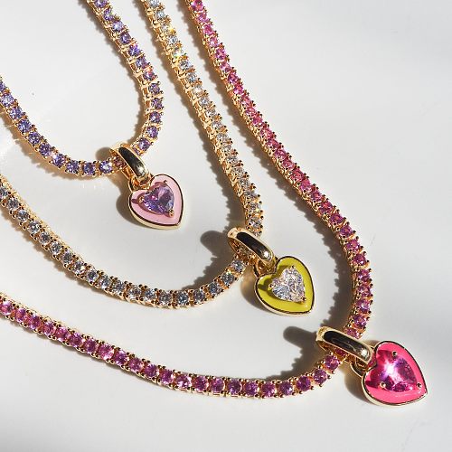 Elegante estilo moderno geométrico coração forma incrustação de aço inoxidável zircão pingente colar