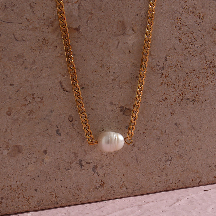 Collier géométrique élégant en acier inoxydable, incrustation de perles artificielles, colliers en acier inoxydable