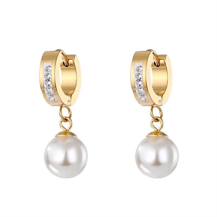 1 Paar elegante runde herzförmige Edelstahl-Tropfenohrringe mit künstlicher Perlenbeschichtung und Inlay-Zirkon