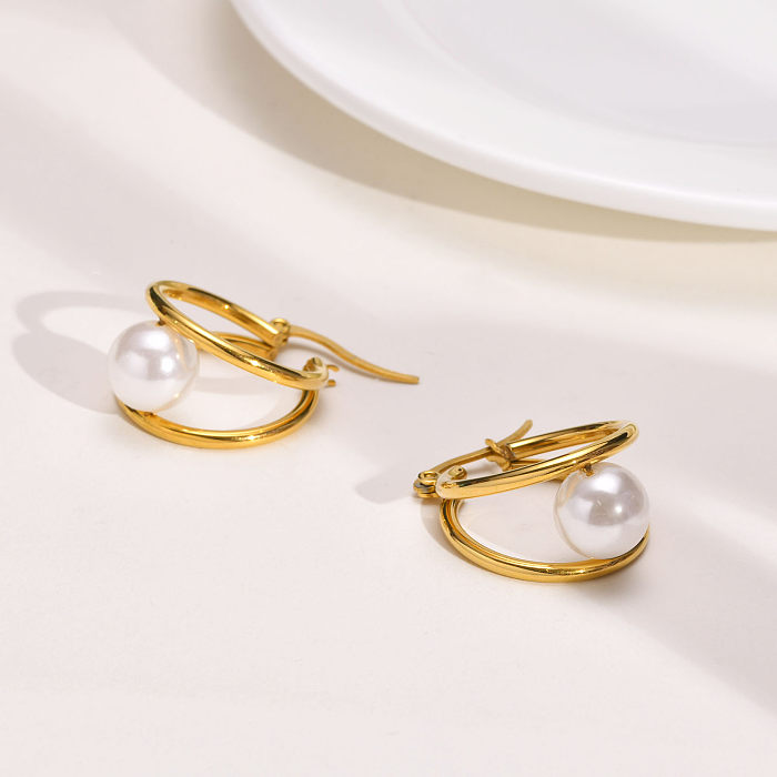 1 paire de boucles d'oreilles élégantes de Style français, incrustation de cercle en acier inoxydable, perle plaquée or 18 carats