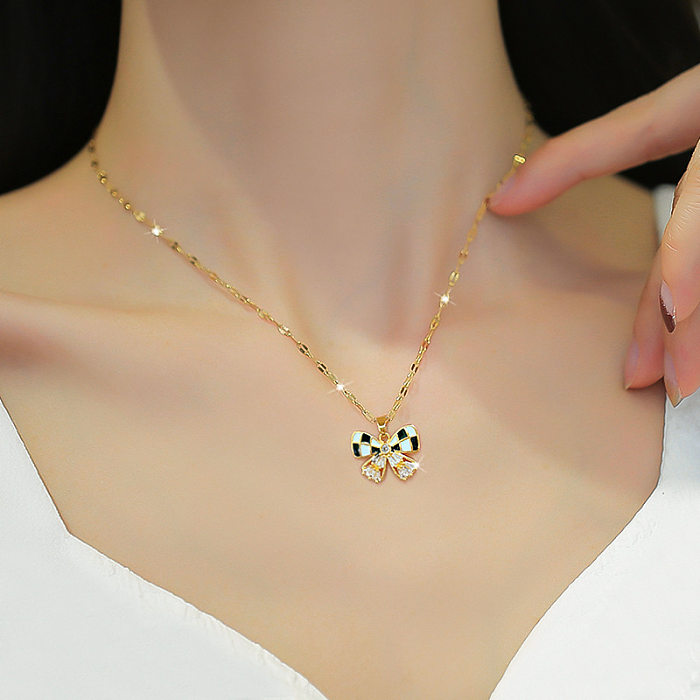 Fashion Bow Knot Stainless Steel Copper Chain Inlay Artificial Diamond Pendant Necklace