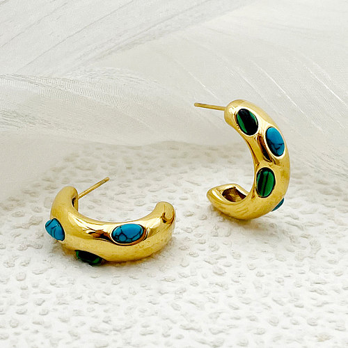 1 Pair Vintage Style Sweet C Shape Plating Inlay Stainless Steel  Turquoise Gold Plated Ear Studs