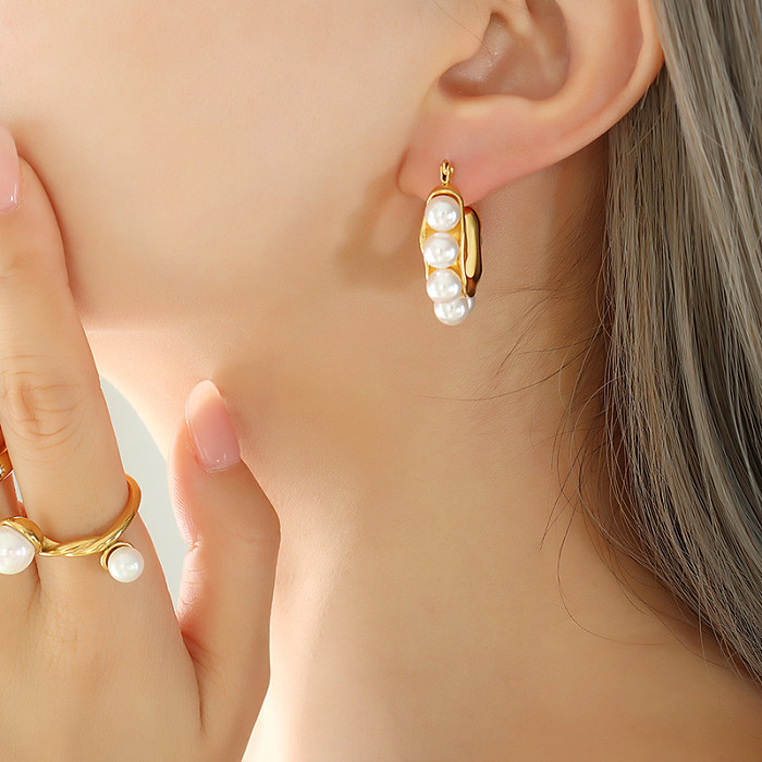Boucles d'oreilles créoles en forme de U, Style romain, en acier inoxydable, plaqué or 1 carats, avec perles, vente en gros, 18 paire
