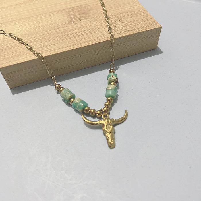 Fashion Bull Head Stainless Steel  Plating Natural Stone Pendant Necklace