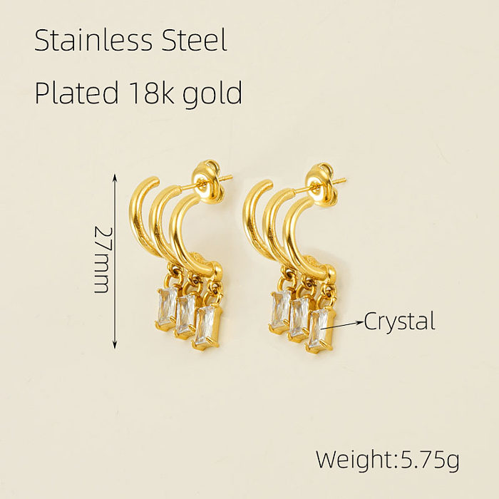 1 par elegante em forma de C retângulo chapeado incrustação de cristal de aço inoxidável 18K brincos banhados a ouro