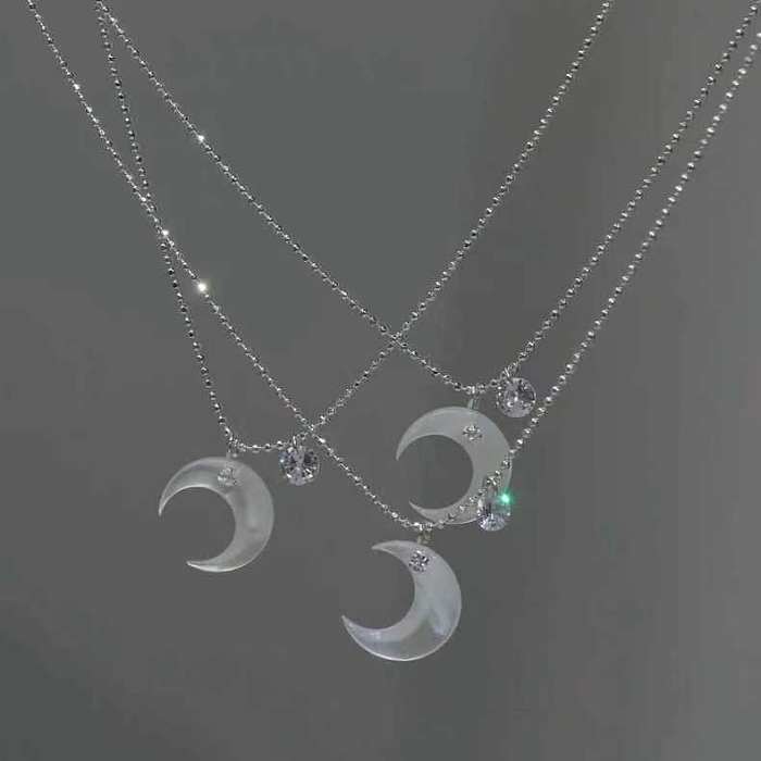 Wholesale Simple Style Moon Shell Stainless Steel Rhinestones Pendant Necklace