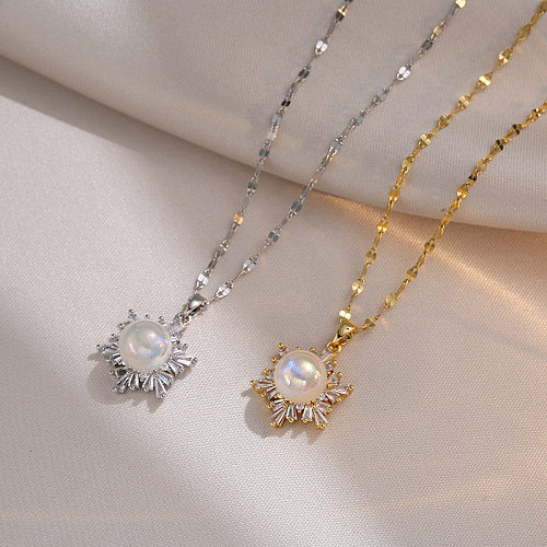 Collar con colgante de perlas artificiales con incrustaciones de acero inoxidable y flores de Streetwear