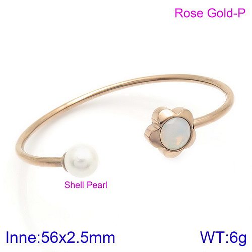 Modern Style Sweet Flower Stainless Steel Titanium Steel Plating Inlay Artificial Gemstones Pearl 18K Gold Plated Bangle
