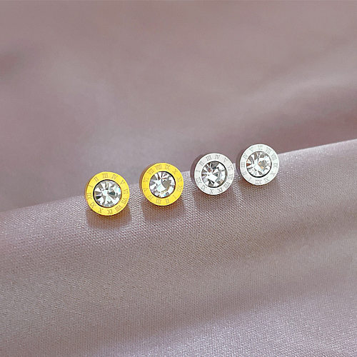 1 Pair Simple Style Round Number Plating Inlay Stainless Steel Zircon Ear Studs