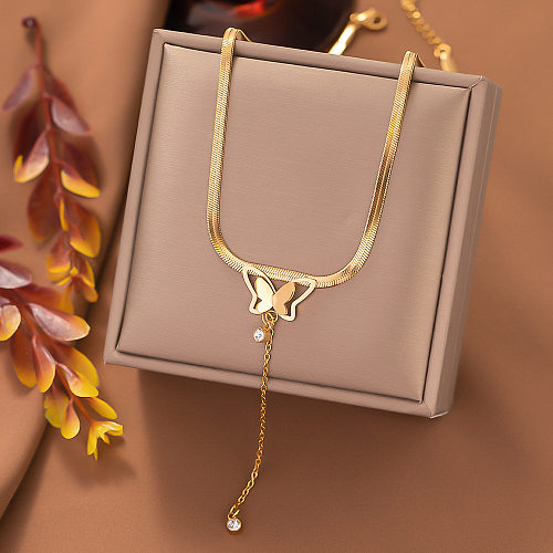 Casual Simple Style Leaves Butterfly Stainless Steel Plating Hollow Out Inlay Pearl Zircon Pendant Necklace