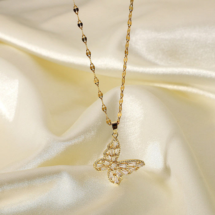 1 Stück elegante Schmetterlings-Halskette mit Zirkon-Anhänger aus Edelstahl mit Inlay