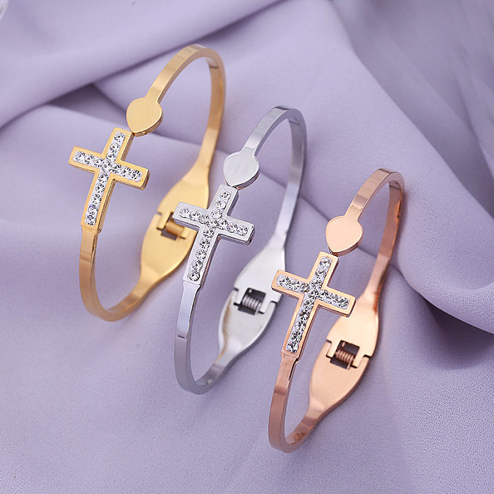 Wholesale Lady Cross Stainless Steel Artificial Gemstones Bangle