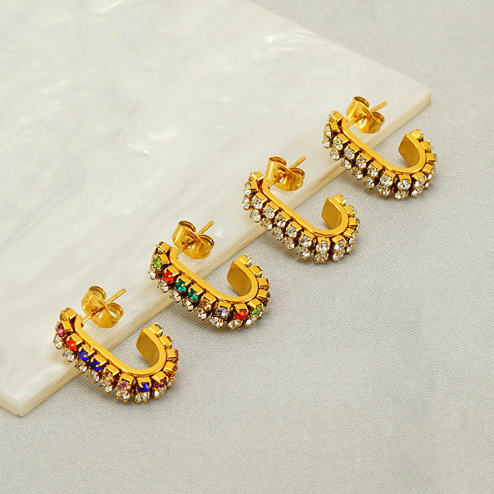 1 Pair Elegant Lady C Shape Plating Inlay Stainless Steel  Zircon 18K Gold Plated Ear Studs