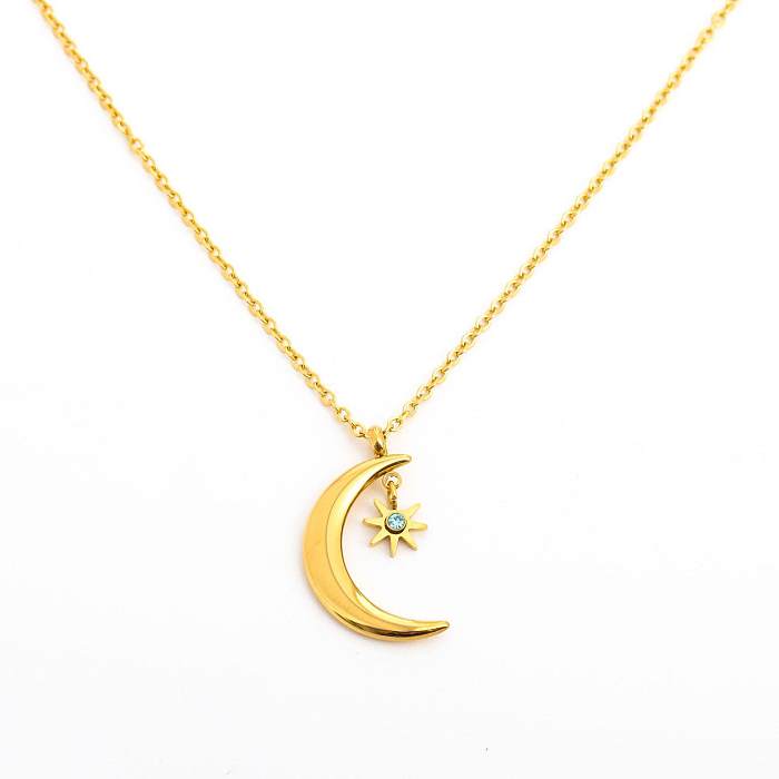Collier pendentif rétro étoile lune en acier inoxydable Zircon en vrac