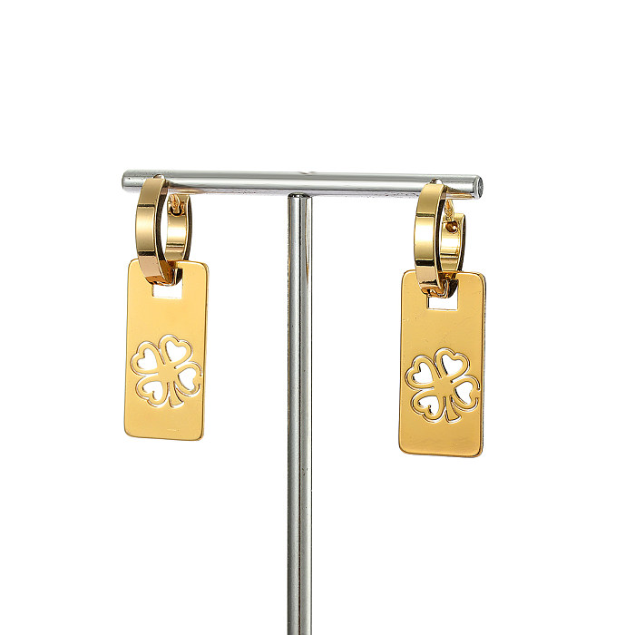1 Paar modische vierblättrige Kleeblatt-Ohrringe mit rechteckigem Edelstahlüberzug und ausgehöhlten Ohrringen