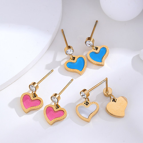 1 Pair Elegant Lady Heart Shape Enamel Plating Inlay Stainless Steel Rhinestones 18K Gold Plated Drop Earrings