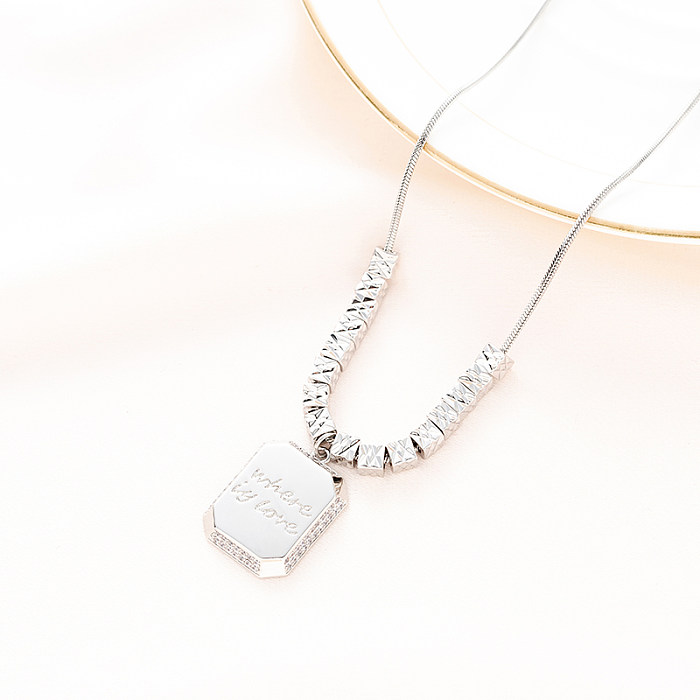 Hip-Hop Rectangle Stainless Steel  Plating Inlay Zircon White Gold Plated Pendant Necklace