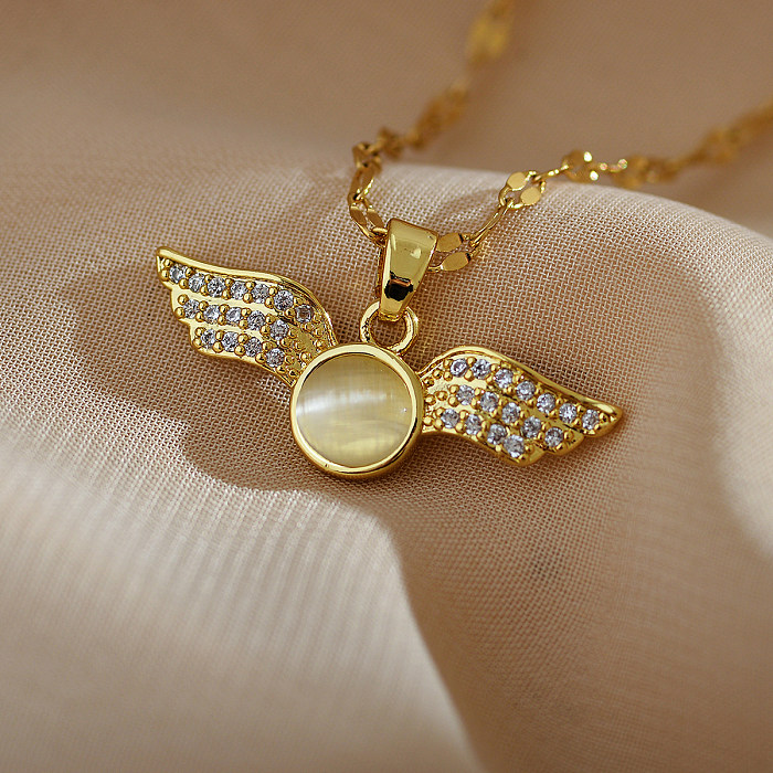 Retro Wings Stainless Steel Copper Plating Inlay Zircon Gold Plated Pendant Necklace