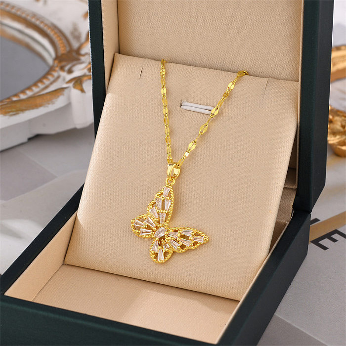 Fashion Butterfly Stainless Steel Plating Inlay Zircon Pendant Necklace 1 Piece