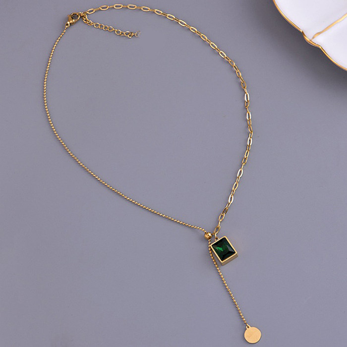 Vintage Style Square Stainless Steel  Necklace Gold Plated Rhinestone Stainless Steel  Necklaces