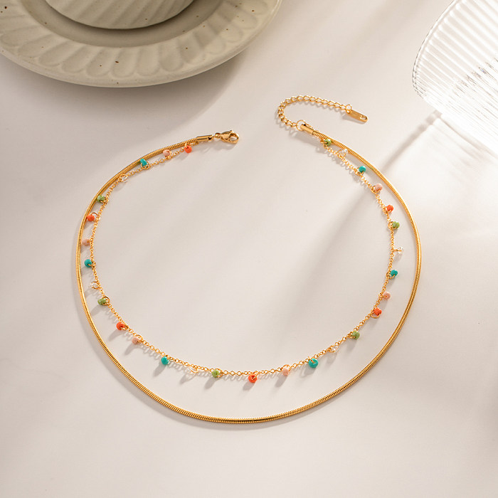 Colliers superposés ronds en acier inoxydable, 1 pièce, plaqués de perles, à la mode
