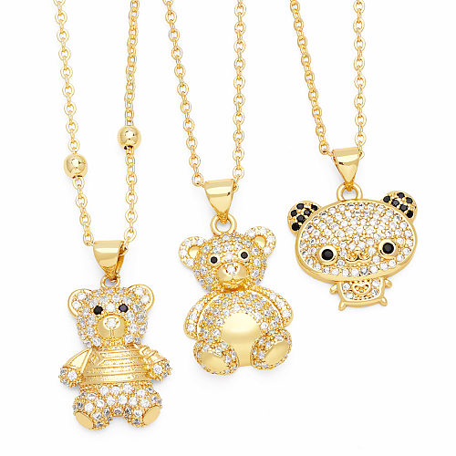 Cute Little Bear Stainless Steel  Copper Plating Inlay Zircon 18K Gold Plated Pendant Necklace