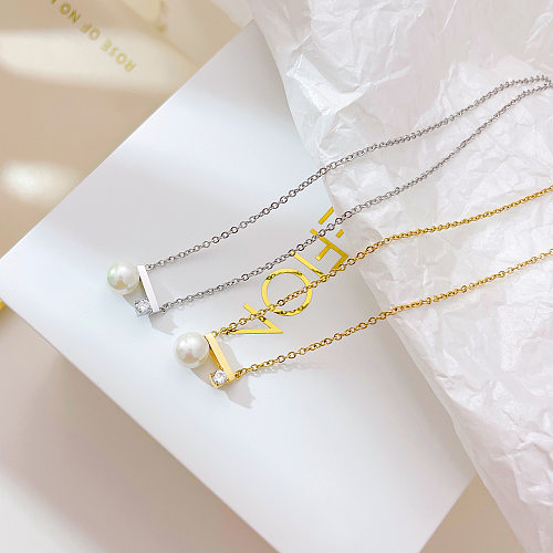 Süße runde Halskette mit Anhänger aus Edelstahl mit Intarsien-Perlen-Zirkon-Weißgold-Beschichtung