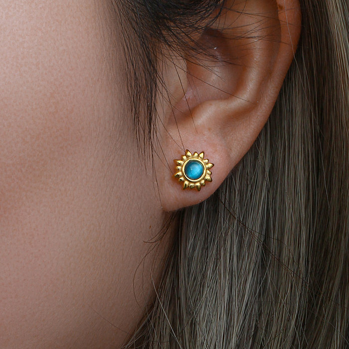 Boucles d'oreilles rétro géométriques en acier inoxydable, incrustation d'opale, boucles d'oreilles en acier inoxydable