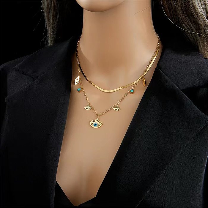 Streetwear Eye Stainless Steel Plating Inlay Turquoise Layered Necklaces
