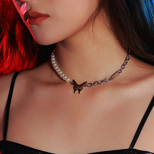 Gargantilla de acero inoxidable con mariposa de estilo simple Collares de acero inoxidable con perlas y retazos