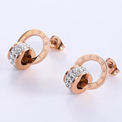 1 Pair Casual Roman Numeral Plating Inlay Stainless Steel  Artificial Diamond 18K Gold Plated Rose Gold Plated Ear Studs