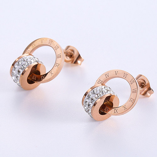 1 par casual numeral romano chapeamento incrustação de aço inoxidável diamante artificial 18k banhado a ouro rosa brincos de orelha