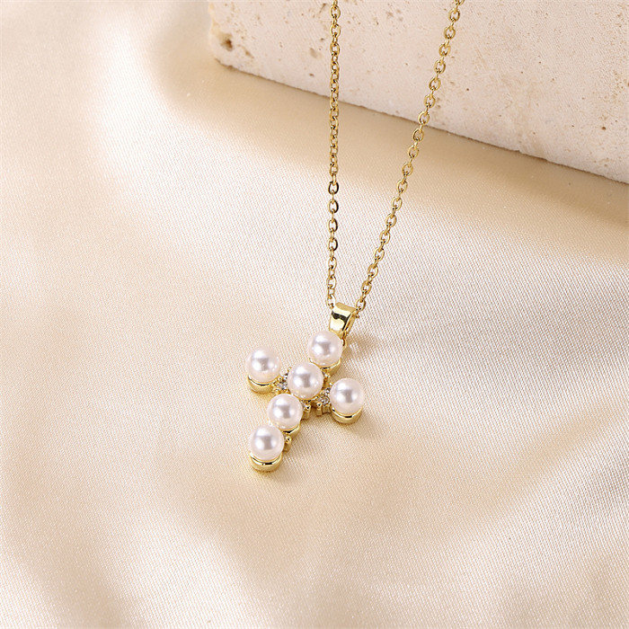 Collier avec pendentif en perles plaqué or 18 carats, croix de Style Simple, en acier inoxydable et en laiton, en vrac