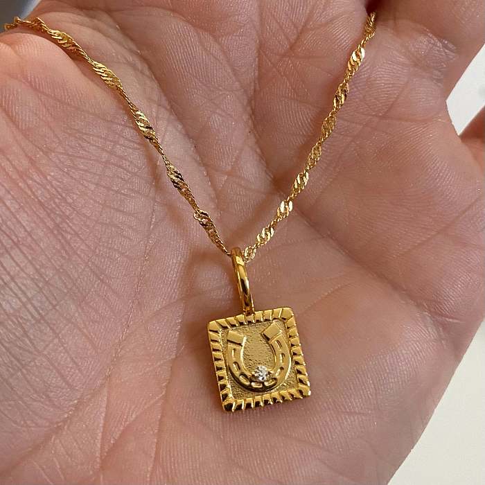 Vintage Style Square Horseshoe Stainless Steel  Plating Inlay Zircon 18K Gold Plated Pendant Necklace