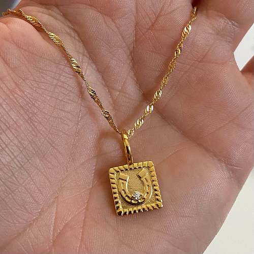 Vintage Style Square Horseshoe Stainless Steel  Plating Inlay Zircon 18K Gold Plated Pendant Necklace