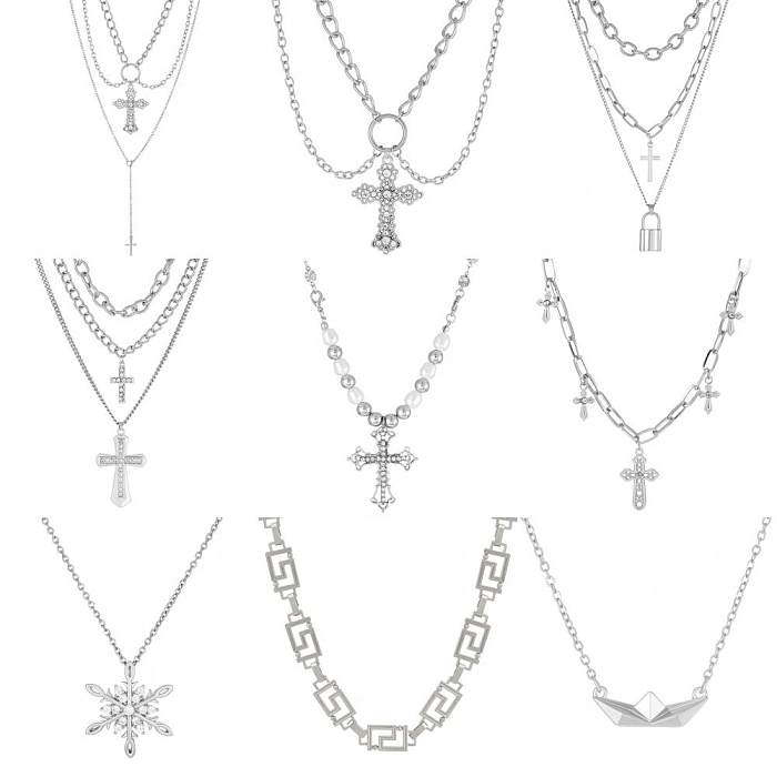 Punk-Kreuz-Schneeflocken-Edelstahl-Inlay, künstlicher Diamant, geschichtete Halsketten, 1 Stück
