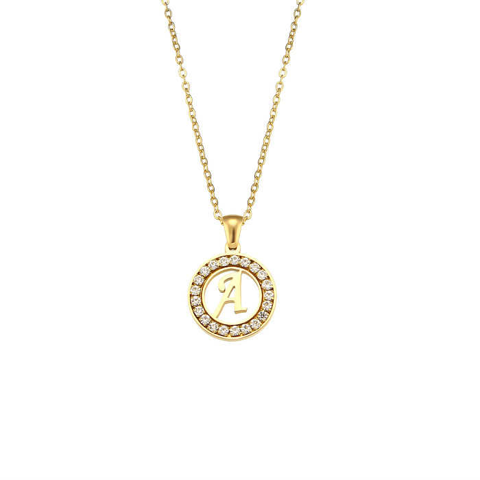 Fashion New Letter Pendant Plated 18K Inlaid Zirconium Hollow Round Stainless Steel  Necklace