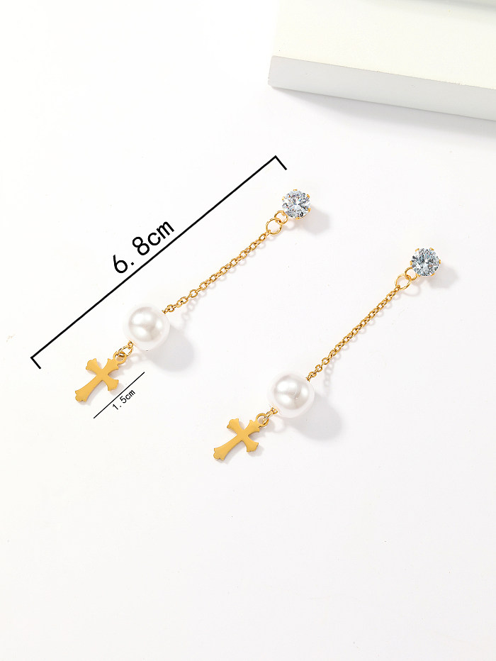 1 Pair Simple Style Cross Maple Leaf Heart Shape Stainless Steel  Plating Inlay Pearl Zircon Gold Plated Earrings