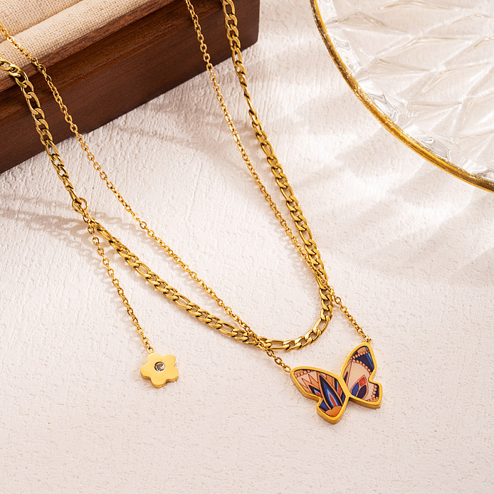 INS Style Artistic Heart Shape Flower Butterfly Stainless Steel  Enamel Plating 18K Gold Plated Layered Necklaces