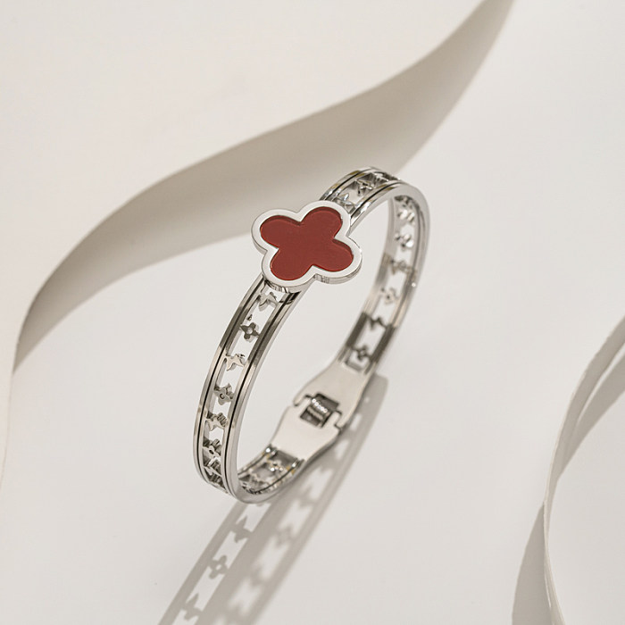Casual Streetwear Four Leaf Clover Titanium Steel Hollow Out Bangle