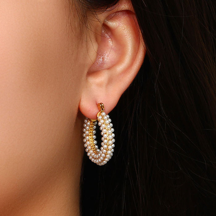 Boucles d'oreilles créoles plaquées or, incrustation géométrique en acier inoxydable, perles artificielles, 1 paire
