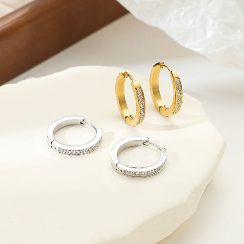 1 Pair Simple Style Solid Color Inlay Stainless Steel  Zircon White Gold Plated Gold Plated Hoop Earrings