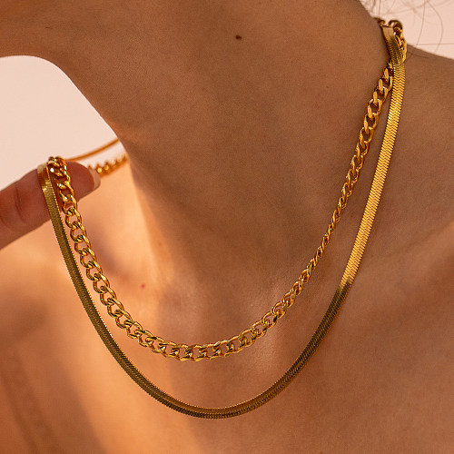 Doppelschichtige Halsketten im IG-Stil mit einfarbiger Edelstahlbeschichtung und 18-Karat-Vergoldung