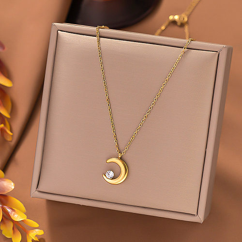 Simple Style Moon Stainless Steel Plating Inlay Artificial Crystal Pendant Necklace