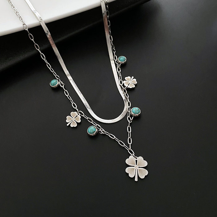Fashion Four Leaf Clover Stainless Steel Plating Turquoise Necklaces