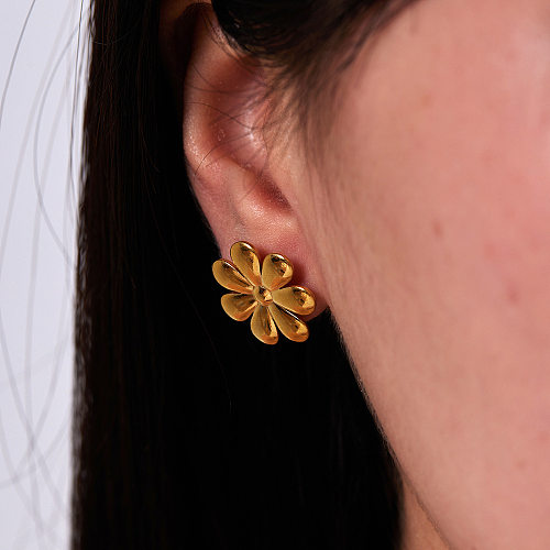 1 paire de clous d'oreilles plaqués or 18 carats en acier inoxydable plaqué fleur de style moderne et basique