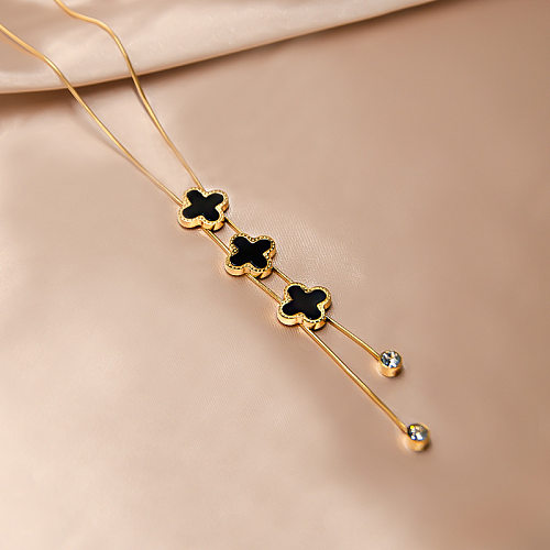 Simple Style Four Leaf Clover Stainless Steel Plating Inlay Rhinestones 18K Gold Plated Long Necklace