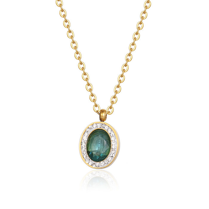 Collar con colgante de diamantes de imitación con gemas y incrustaciones de acero inoxidable ovalado de estilo simple informal