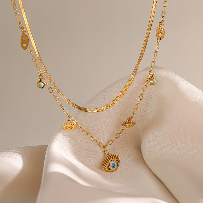 Wholesale 1 Piece INS Style Devil'S Eye Stainless Steel 18K Gold Plated Turquoise Layered Necklaces